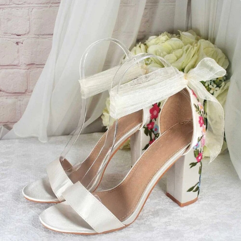 FSJ White Satin Open Toe Floral Embroidery Bridal Heels with Ankle Strap